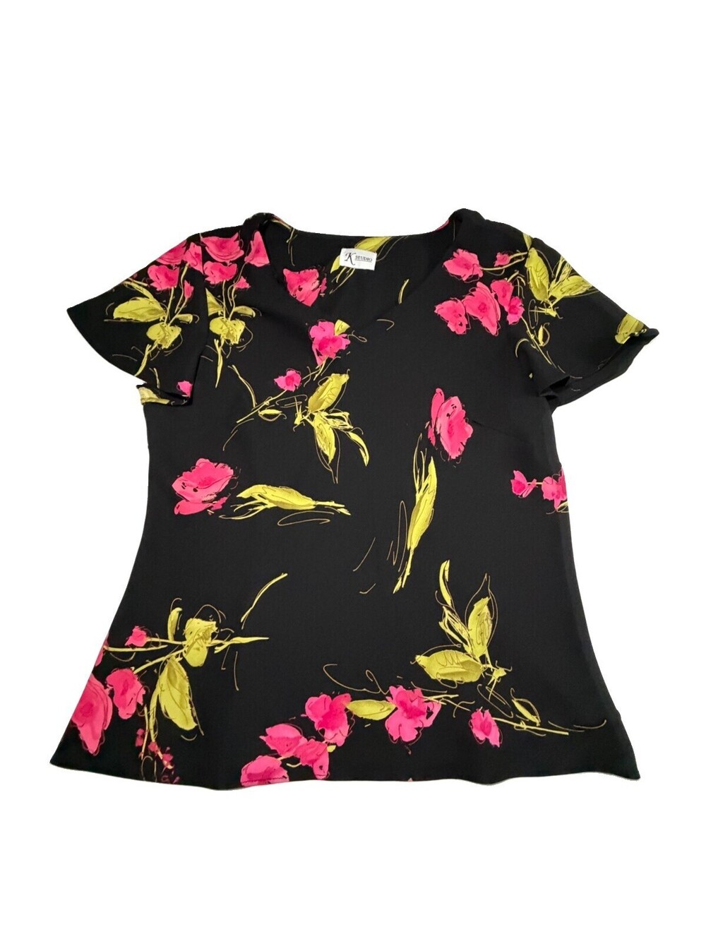 Women's K Studio Top Blouse Black Pink Floral V-Neck Short Sleeve Sz Med